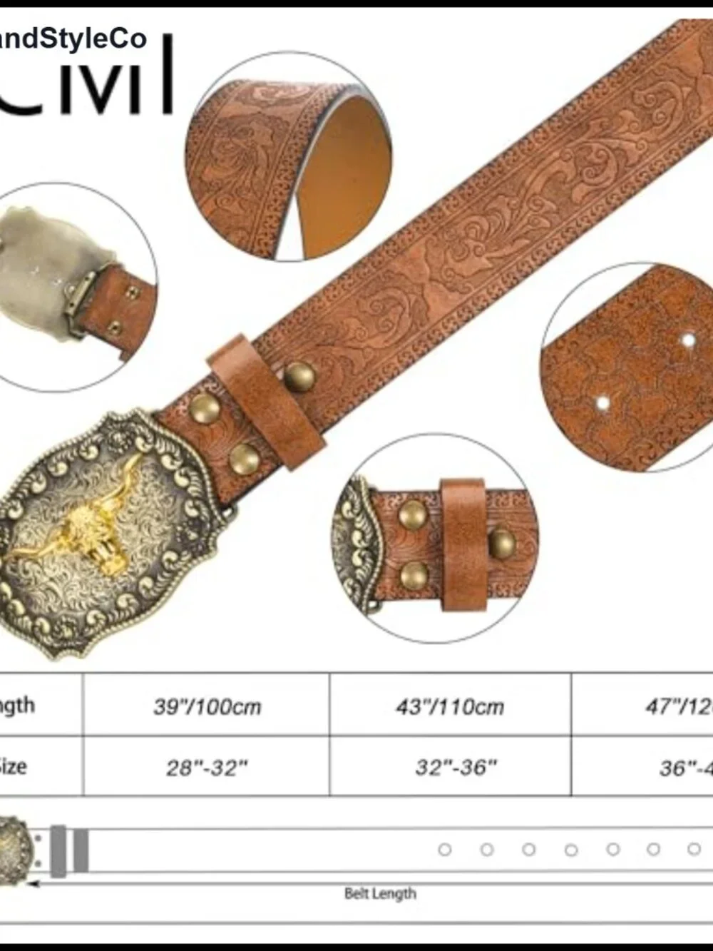 Western Cowboy Belt with Bull Buckle Vintage Engraved PU Leather